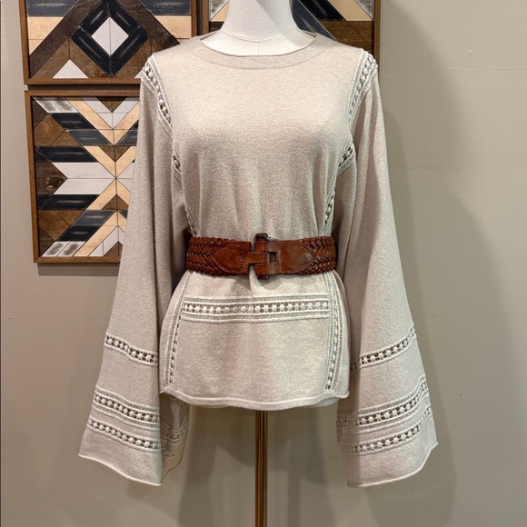 Chloe Merino Wool Cashmere Knit Eyelet Drape Sleeve Poncho...